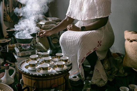 The coffee ceremony with pan-roasted beans, incense and popcorn.