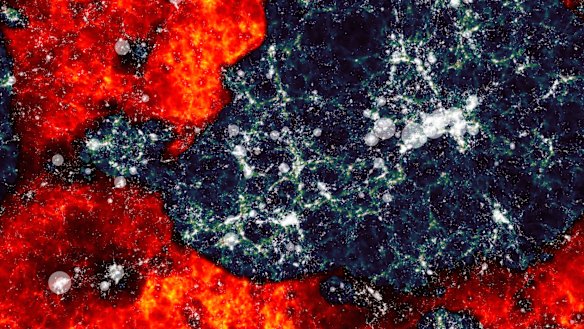 In this artist's impression of the early universe, neutral hydrogen, in red, is gradually ripped apart by the first stars, shown in white.