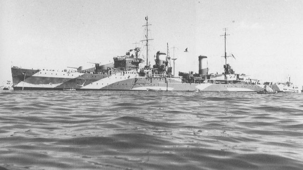 The HMAS Perth, a modified Leander-class light cruiser, in full camouflage for service in World War II.