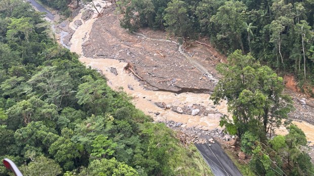Damage to roads at Cooktown and Lions Den in north Queensland after ex-Tropical Cyclone Jasper.