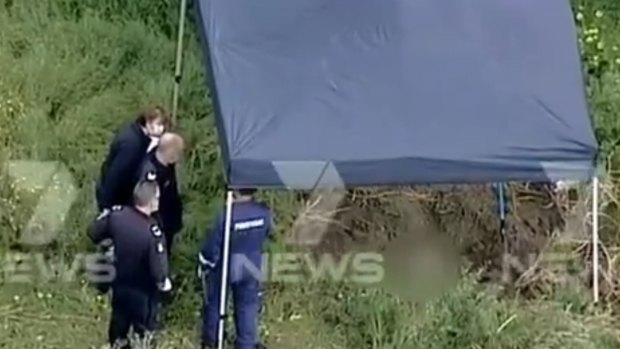 Police on the scene on the Tyabb property where Jade Goodwin's body was found.