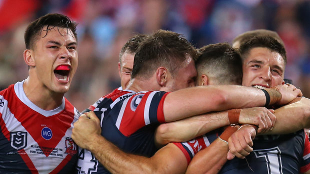 James Tedesco of the Roosters scores a try during the 2019 NRL grand final match between the Canberra Raiders and the Sydney Roosters at ANZ Stadium.