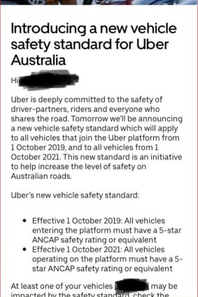An extract from an email to Uber drivers saying they will have to meet five star safety ratings from October.