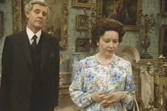 Prunella Scales (right) as the Queen in A Question of Attribution (1992).