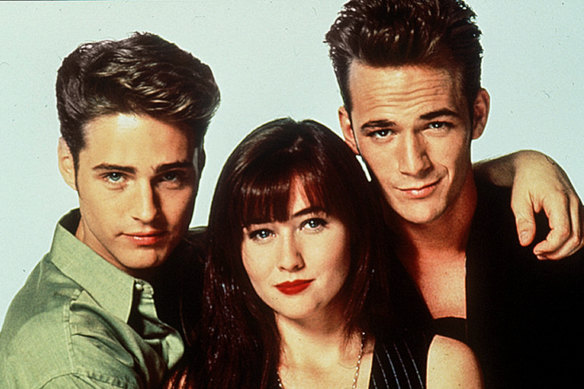 Jason Priestly (left), Shannen Doherty and Luke Perry starred in Beverly Hills 90210.