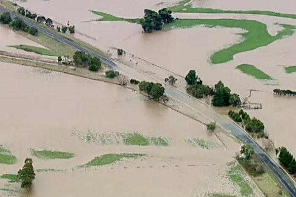 Aerial stills show floodwaters in the town of Yallourn.