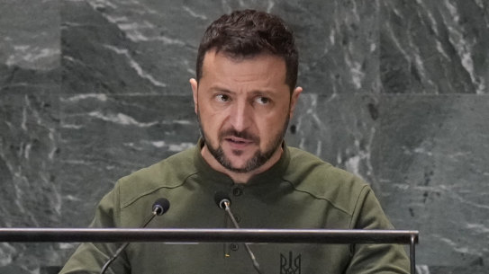 Ukraine’s President Volodymyr Zelensky addresses the United Nations headquarters this week.