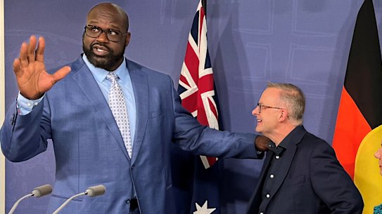 Former NBA star Shaquille O’Neal meets with Prime Minister Anthony Albanese and Minister for Indigenous Australians Linda Burney last August.
