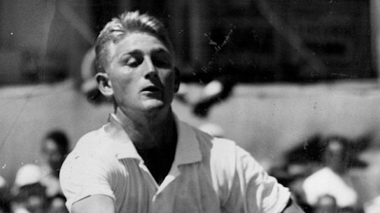 Lew Hoad plays forehand volley, 1956. 
