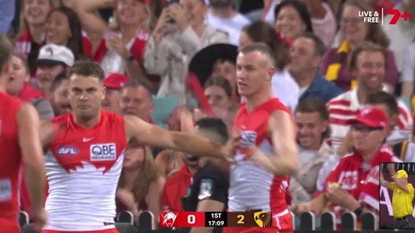 Channel Seven’s new scoreboard format early in the first game of the new AFL season.