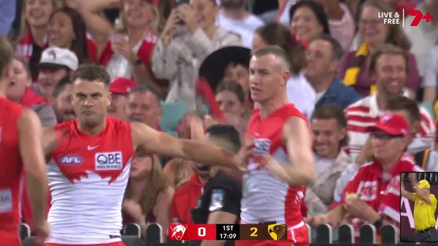 Channel Seven’s new scoreboard format early in the first game of the new AFL season.
