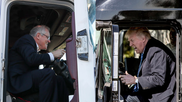 Prime Minister Scott Morrison in a truck on Thursday morning and US President Donald Trump earlier this year. 