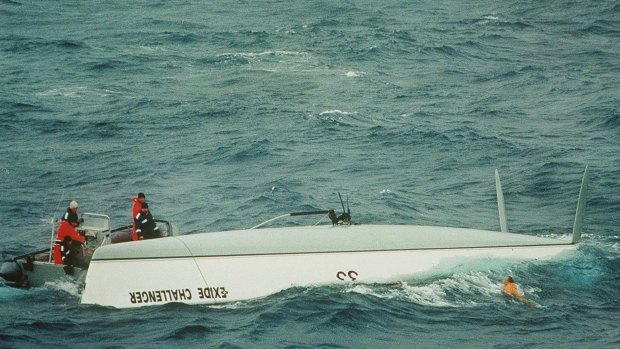 Tony Bullimore emerges from his upturned yacht in the Southern Ocean in 1997.