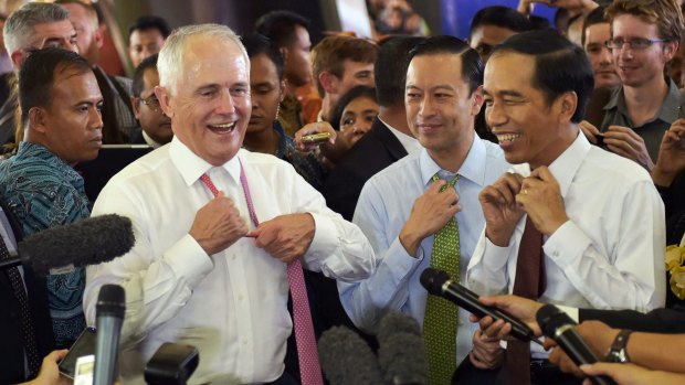 Then prime minister Malcolm Turnbull, Trade Minister Tom Lembong and Indonesian President Joko Widodo in November 2015. The two men invested considerable political effort in the trade deal between their countries.