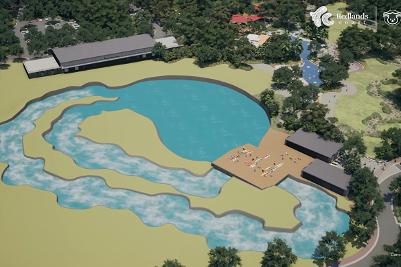 A concept image rendering of the proposed whitewater facility in Redland City, from June 2022, shows the proposed practice lane and longer event circuit.