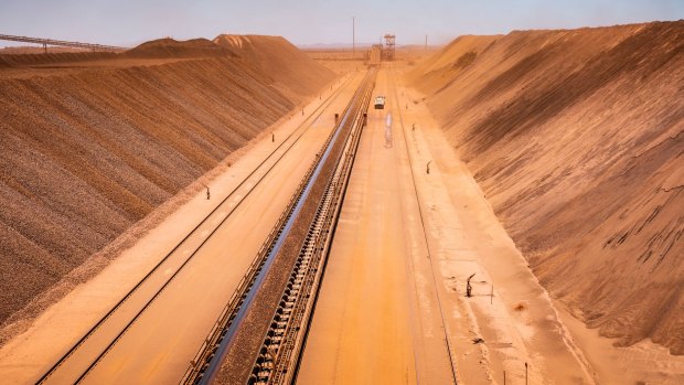 Part of the iron ore stockpile at the BHP Jimblebar facility in the Pilbara region of Western Australia.