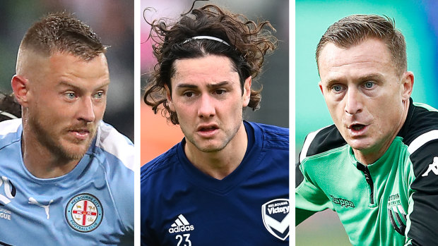 Melbourne-based A-League players Scott Jamieson, Marco Rojas and Besart Berisha.