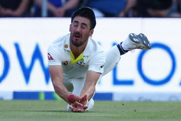 Mitchell Starc can’t quite grasp a catch Stokes offered off Todd Murphy’s bowling.