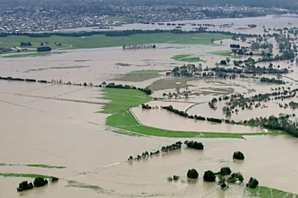 Aerial stills show floodwaters in the town of Yallourn. 