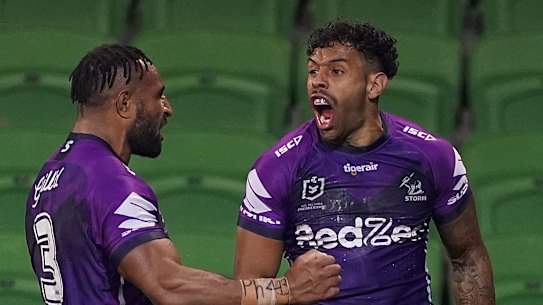 Melbourne winger Josh Addo-Carr celebrates after scoring a try on Friday night.