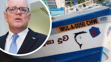 The trawler that was intercepted by the Border Force west of Christmas Island on May 21, the morning of the federal election, and inset, Scott Morrison.