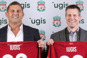 Forum Group CEO Bill Papas [left] announcing the partnership between his waste company iugus and Liverpool Football Club. 