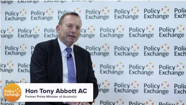 Tony Abbott speaking at the Policy Exchange think tank in central London.