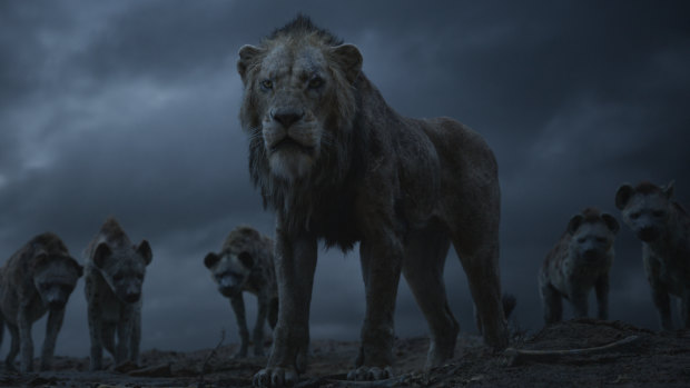 Real scary: Chiwetal Ejiofor is the voice of Scar (centre) and Florence Kasumba, Eric Andre and Keegan-Michael Key voice the hyenas  in The Lion King.