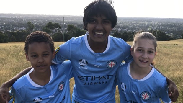 City kids: (L-R) Chase Natai (Pakenham United), Matthew Monet (Keysborough SC) and Sienna Spicuzza (Berwick SC) will be in Melbourne City's fan zone
