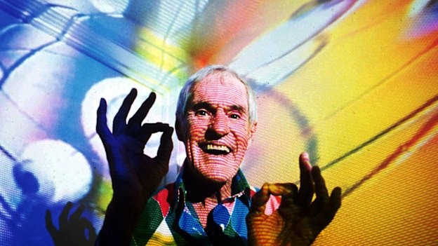 Timothy Leary, the former LSD experimenter, in his home in California in 1992 with video images projected over him. Leary died of cancer in 1996.