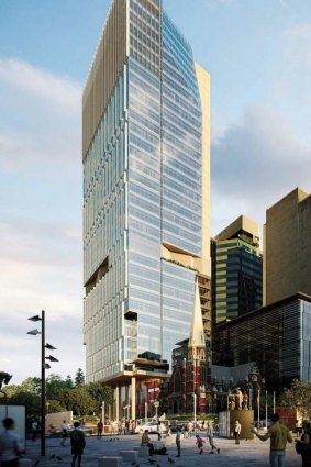The proposed new development design at 343 Albert Street removes the glass chamfer at the base of the tower entirely.