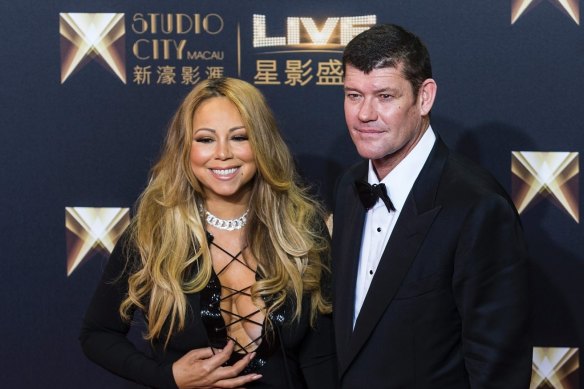 Packer with his then fiancee Mariah Carey at the opening of the Melco Crown\'s Studio City complex in Macau. 