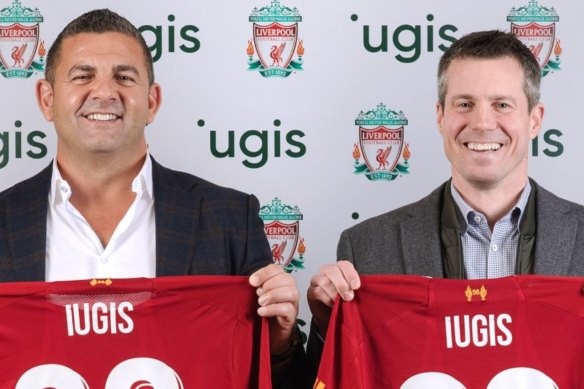 Forum Group CEO Bill Papas [left] announcing the partnership between his waste company iugus and Liverpool Football Club. 