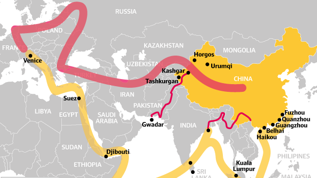 A map showing China's One Belt, One Road strategy, where yellow is to be the new maritime route and red the new land connections.