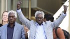 Gumatj elders Balupalu Yunupingu and Djawa Yunupingu exit the High Court on Wednesday.