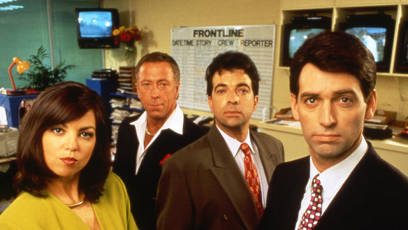 Jane Kennedy, Steve Bisley, Tiriel Mora and Rob Sitch in the ABC show Frontline.