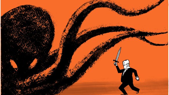 PM Scott Morrison is standing up to online evil. Illustration: Andrew Dyson