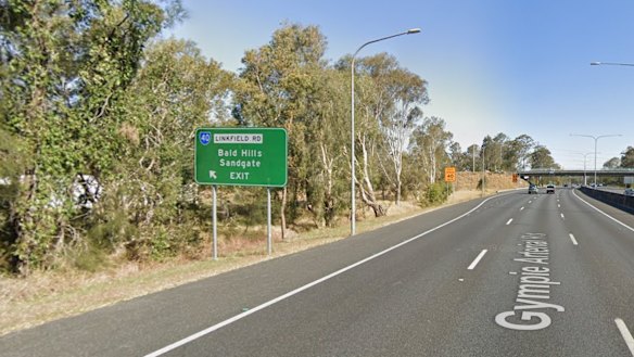The southbound Linkfield Road exit on Gympie Arterial Road, which the Audi allegedly used as an escape.