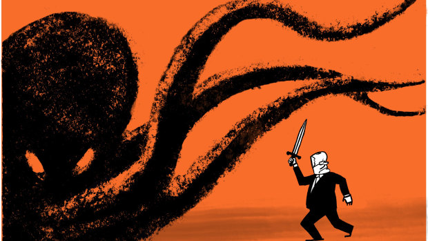 PM Scott Morrison is standing up to online evil. Illustration: Andrew Dyson