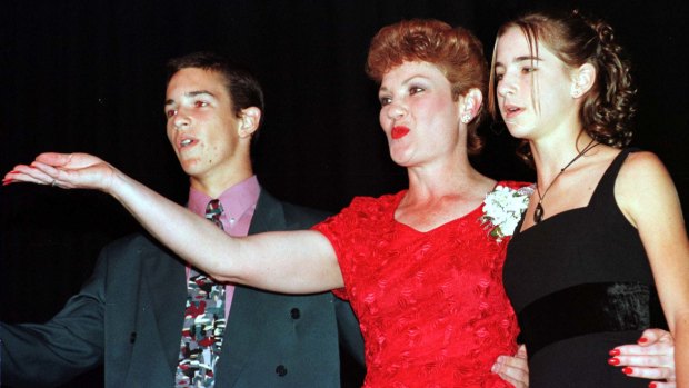 Pauline Hanson launches One Nation in Ipswich in 1997 with son Adam and daughter Lee.