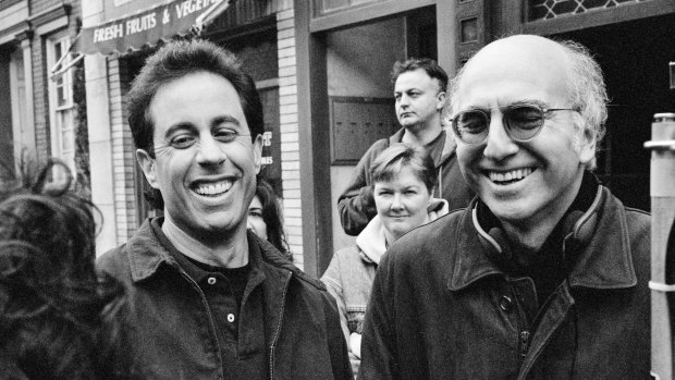 Jerry Seinfeld and Larry David on set during filming of the last Seinfeld episodes in 1998.