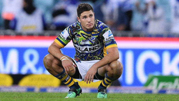 Mitchell Moses sits in disappointment after another Parramatta loss.