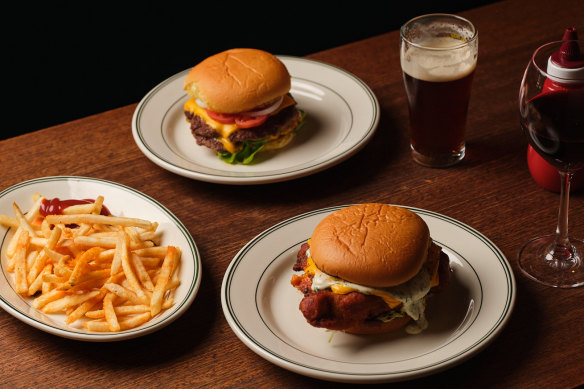 Burgers are a focus, spanning beef to fish to vegan.