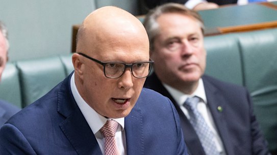 Opposition Leader Peter Dutton speaking against the Constitutional Alteration bill to enshrine the Voice in the constitution on Monday. 
