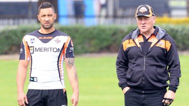 Back together ... Benji Marshall and Tim Sheens at Tigers training in 2012