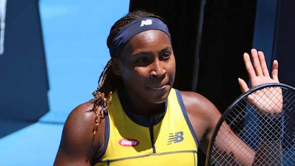 US tennis player Coco Gauff after winning her first round match wearing New Balance.