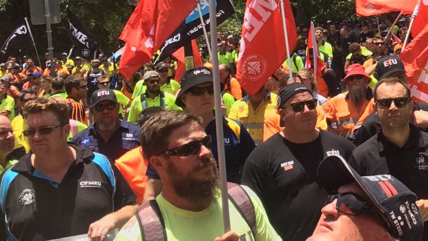 A sea of high-vis descended on Queensland Parliament House protesting Cross River Rail. 