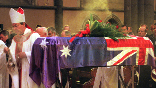 Then archbishop of Melbourne George Pell officiates at the funeral of B.A. Santamaria  at St Patrick's Cathedral in 1998.