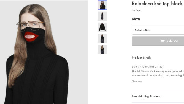 A screenshot taken on Thursday from an online fashion outlet showing the Gucci turtleneck black wool balaclava sweater.