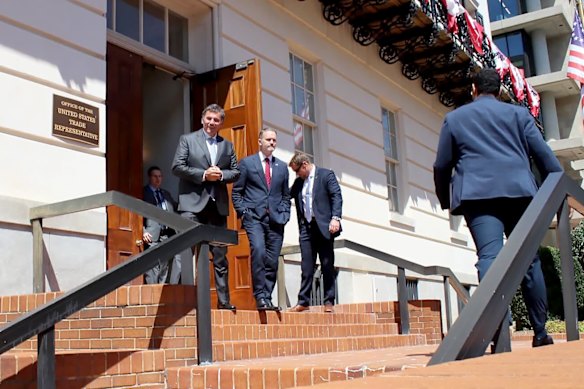 Canadian Trade Minister Dominic LeBlanc and US Trade Representative Jamieson Greer leaving a meeting in Washington on Wednesday.
